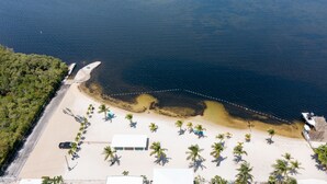 Ett flygbildsbild av en strand med en sandstrand, palmer och en brygga för båtar.