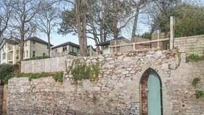 A stone wall with a green door, a wooden fence, and a row of houses in the background.