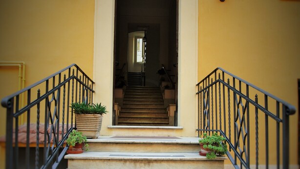 A set of outdoor stairs leading to a building entrance, flanked by two black metal railings and potted plants. - Vatican Holiday (Rome)
