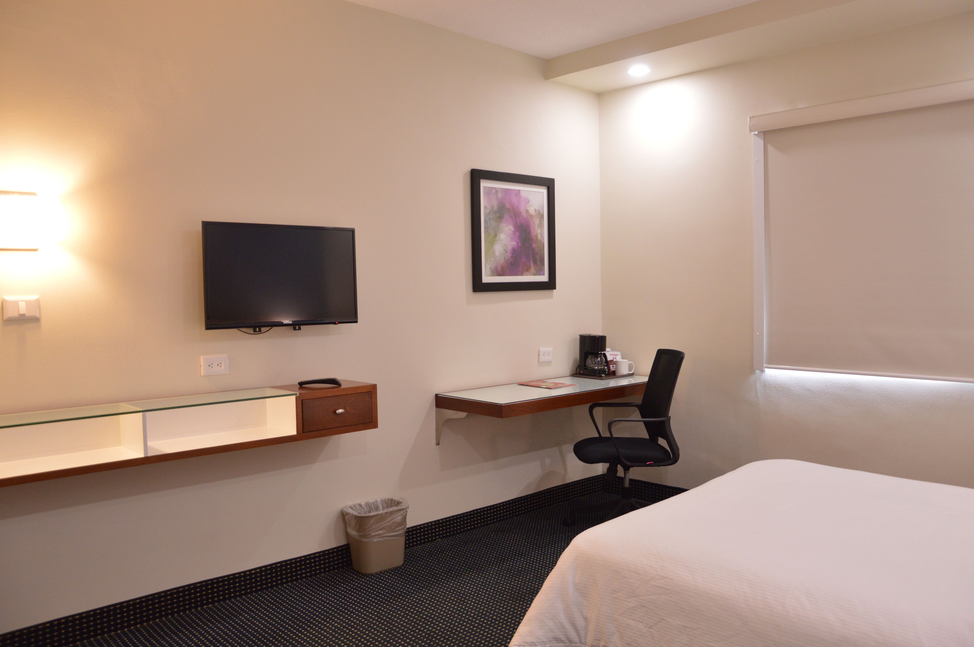 A hotel room with a bed, a desk with a chair, a television, a framed picture, and a trash bin.