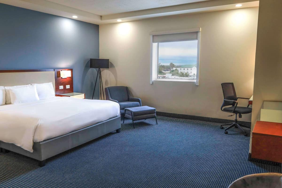 Habitació d'hotel amb un llit gran, una taula de treball, una cadira, una taula petita, una làmpada i una finestra amb vista.