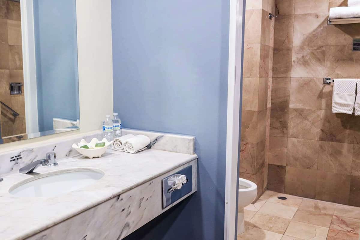 suite, 1 king bed, non smoking, kitchenette | bathroom | hair dryer, towels