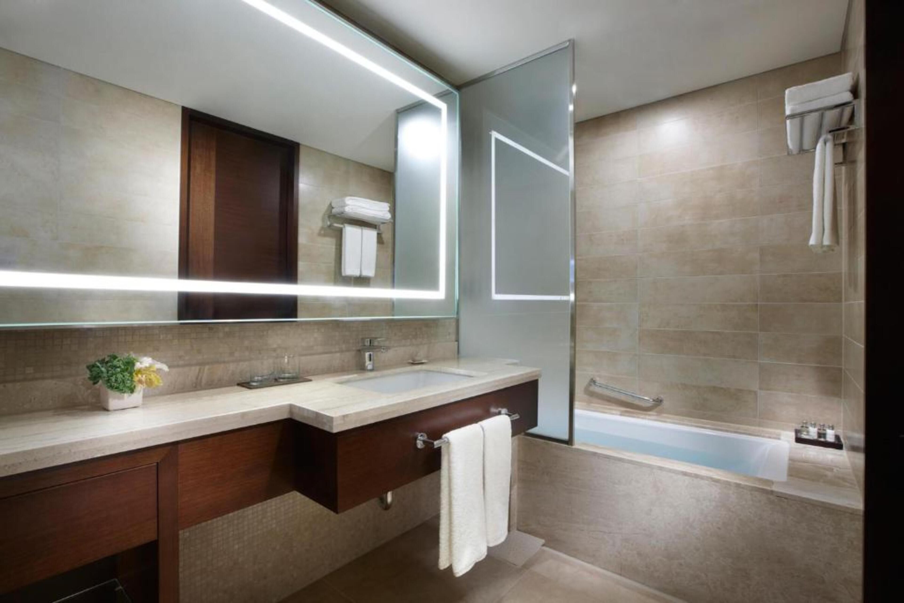 combined shower/bathtub, deep-soaking bathtub, rainfall showerhead