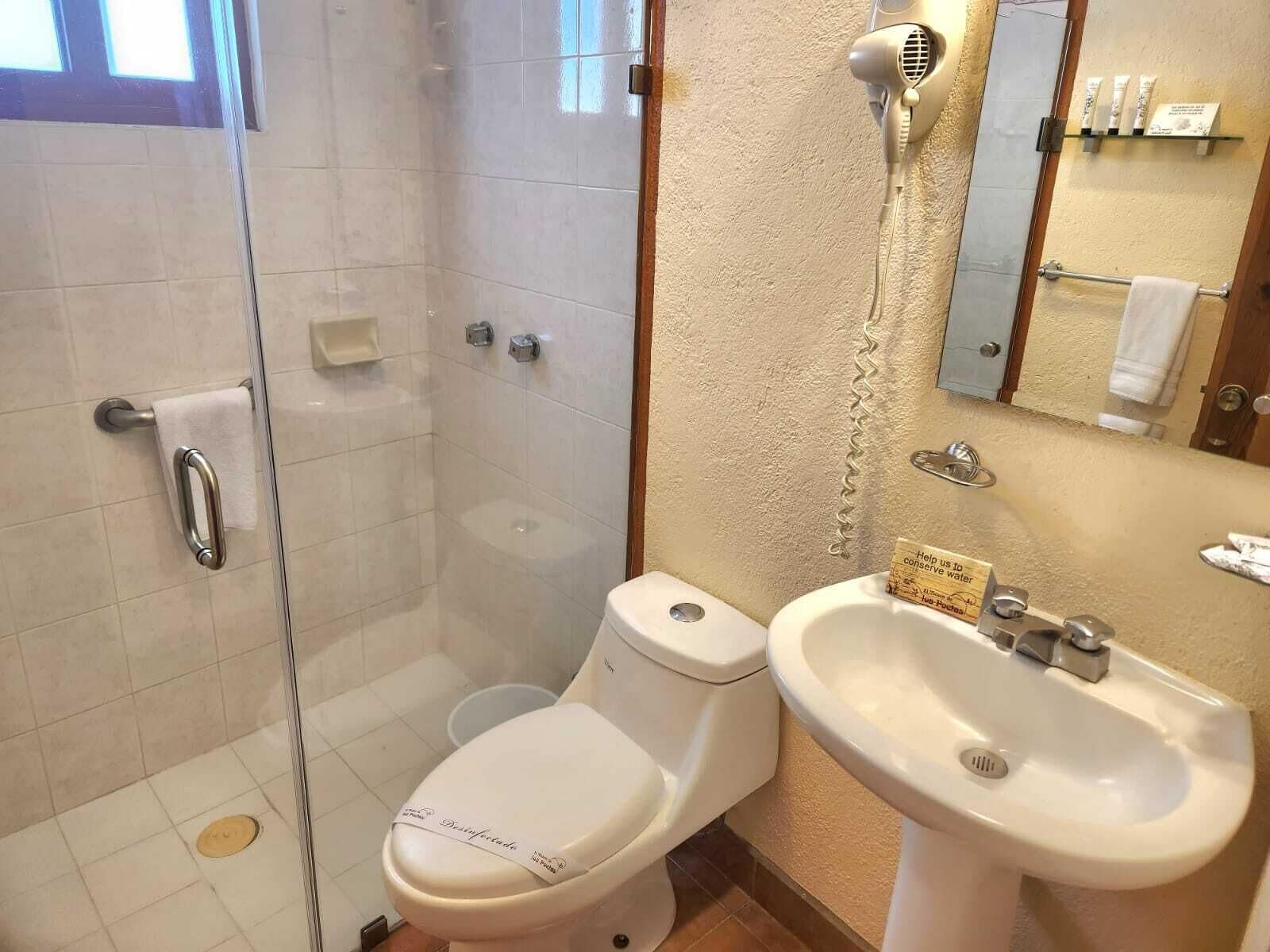 A bathroom with a glass-enclosed shower, a toilet, and a sink.
