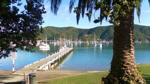 Una marina con barcos amarrados, un muelle de madera y un área verde con una palmera.
