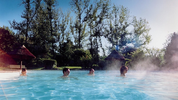 Una piscina con agua cristalina azul, rodeada de árboles y una estructura con techo de paja.