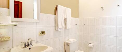 A bathroom with a sink, toilet, and mirror.