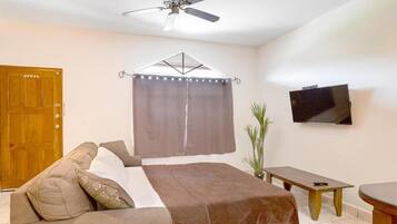 A bedroom with a bed, a sofa, a ceiling fan, a TV, and a window with curtains.