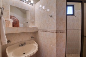 Baño con lavabo, espejo y zona de ducha.