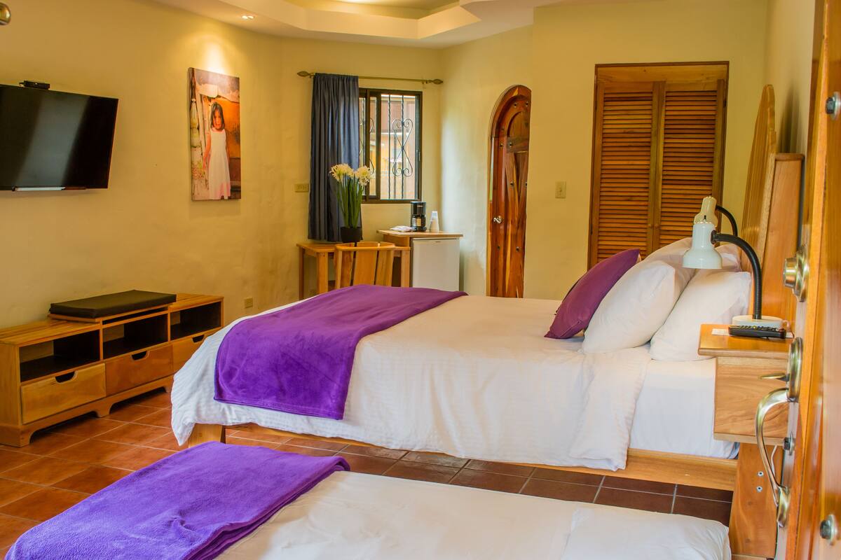 A hotel room with two beds, a TV, a small table with a vase, and a wooden wardrobe.