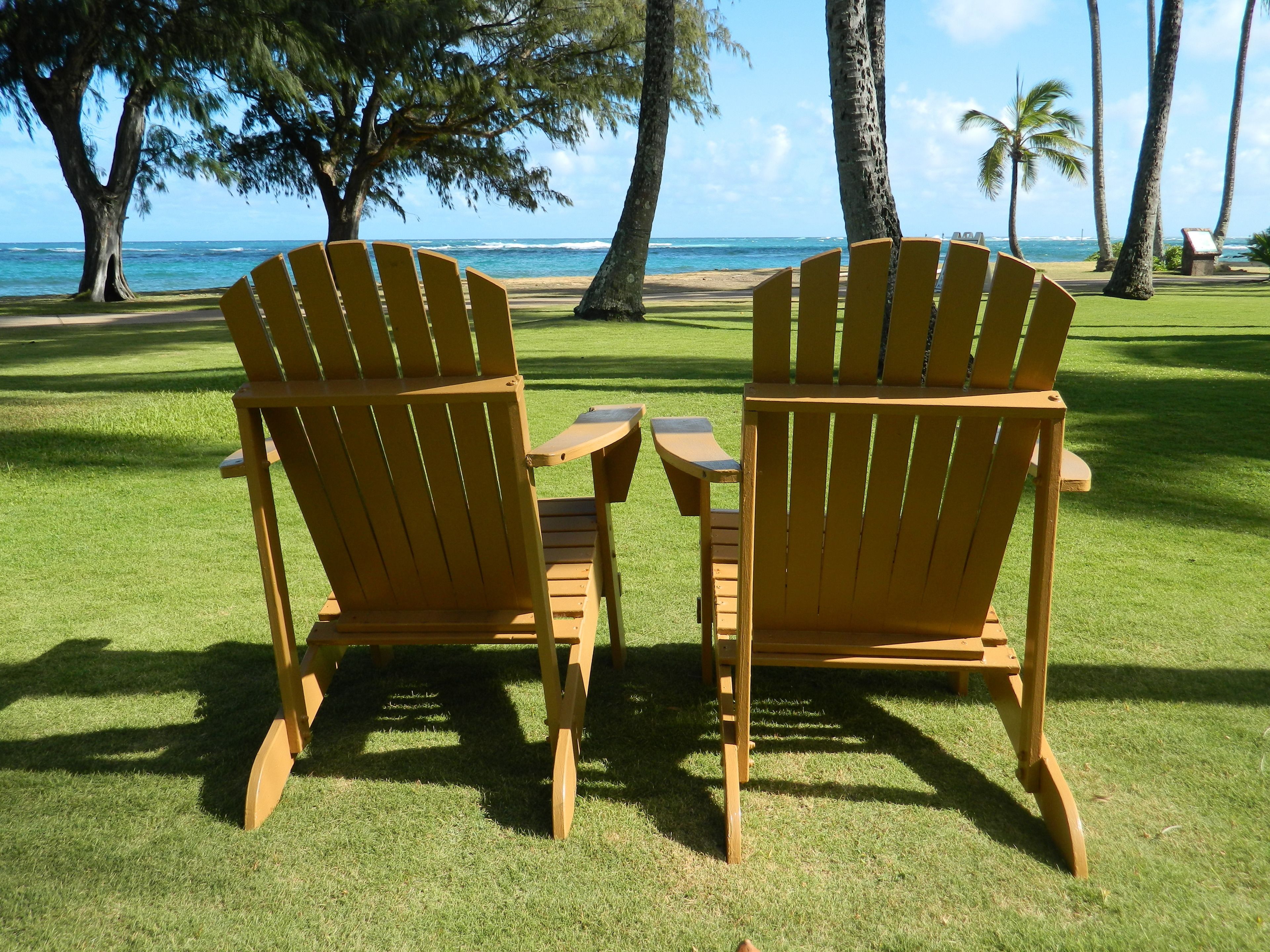 Dos sillones Adirondack de madera enfrentados, con una mesa entre ellos, ubicados en un césped cuidado con vista al océano y palmeras al fondo.