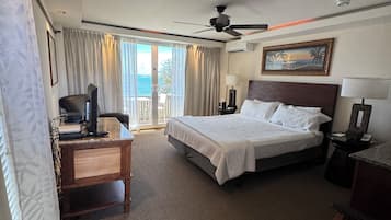 A hotel room with a bed, a desk, a chair, a ceiling fan, and a view of the outdoors.