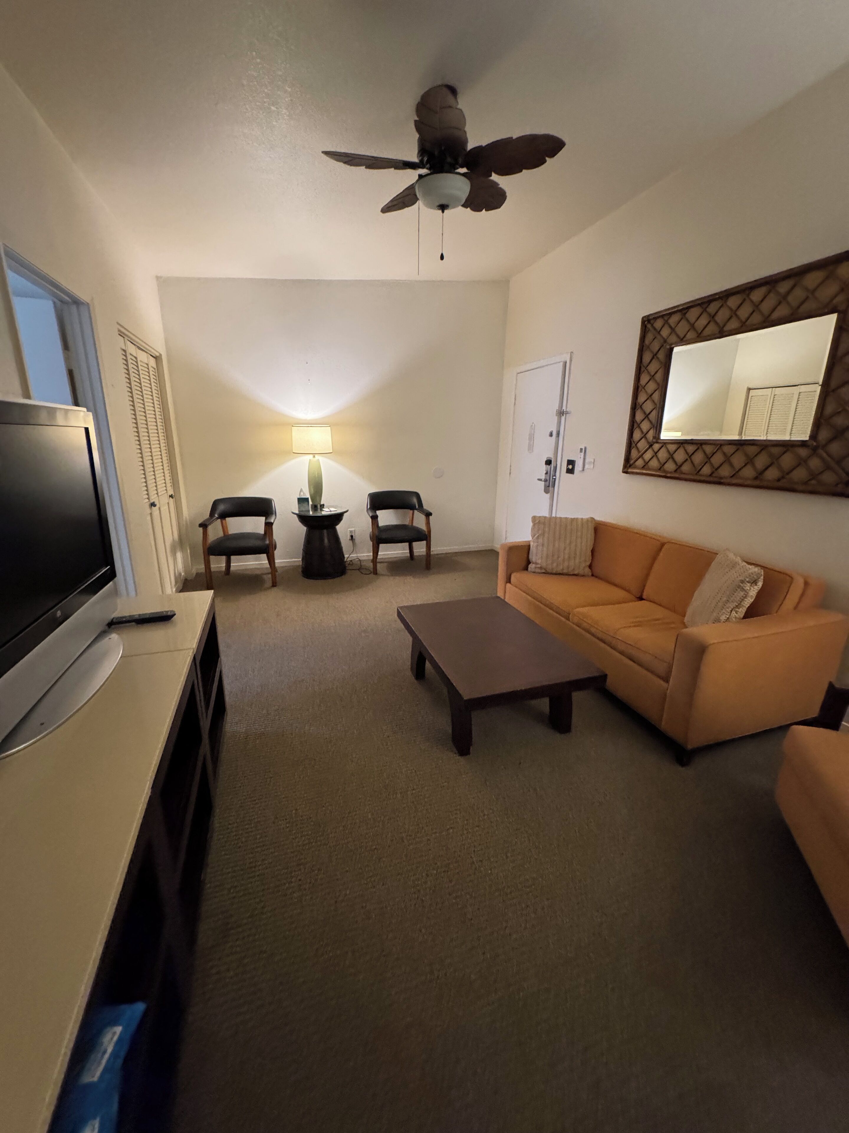 economy suite, 1 queen bed with sofa bed, city view | living area | tv, dvd player