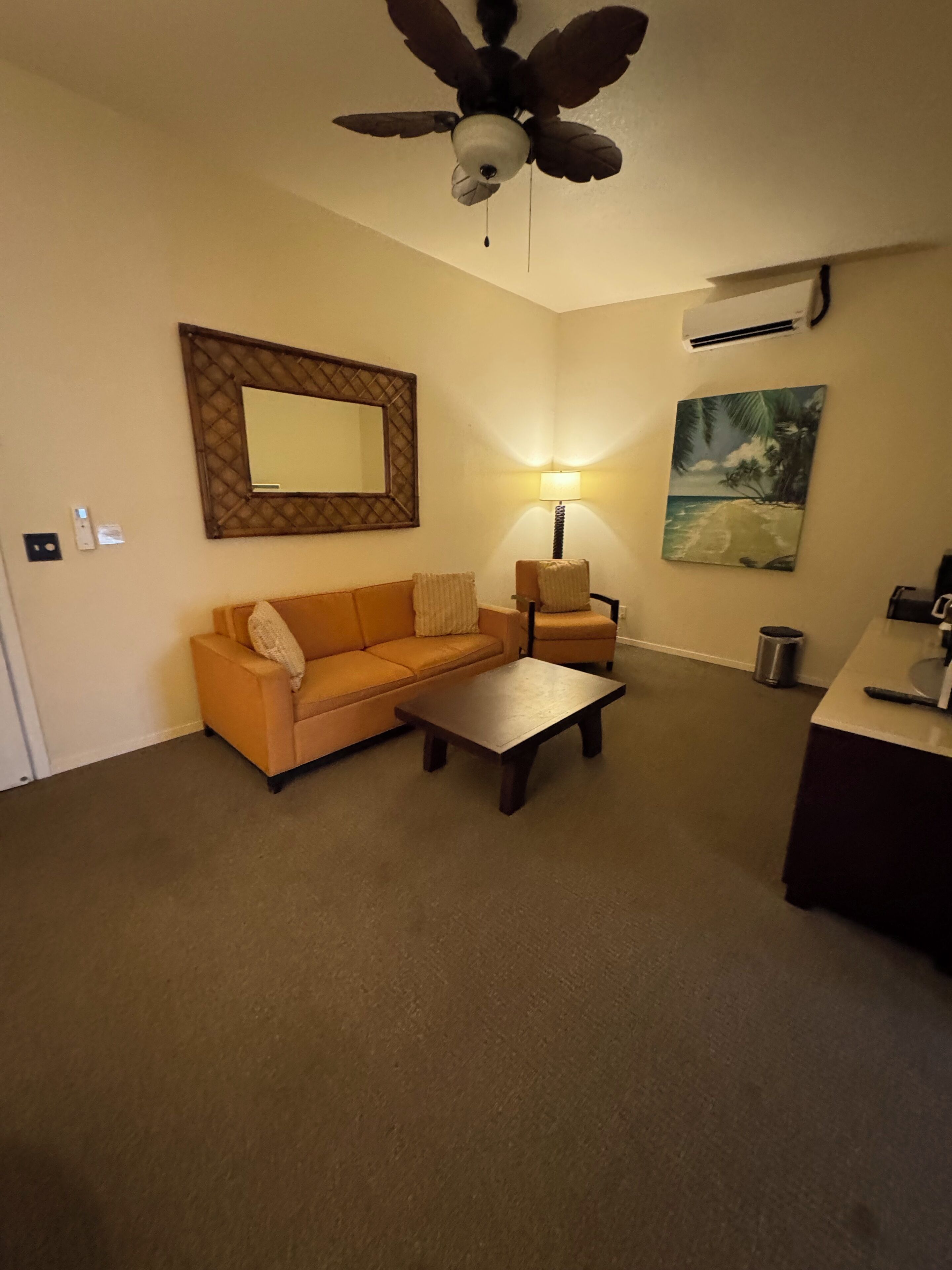 Ein Wohnzimmer mit Deckenventilator, einer Couch, einem Couchtisch, einer Lampe, einem Gemälde und einem kleinen Mülleimer.