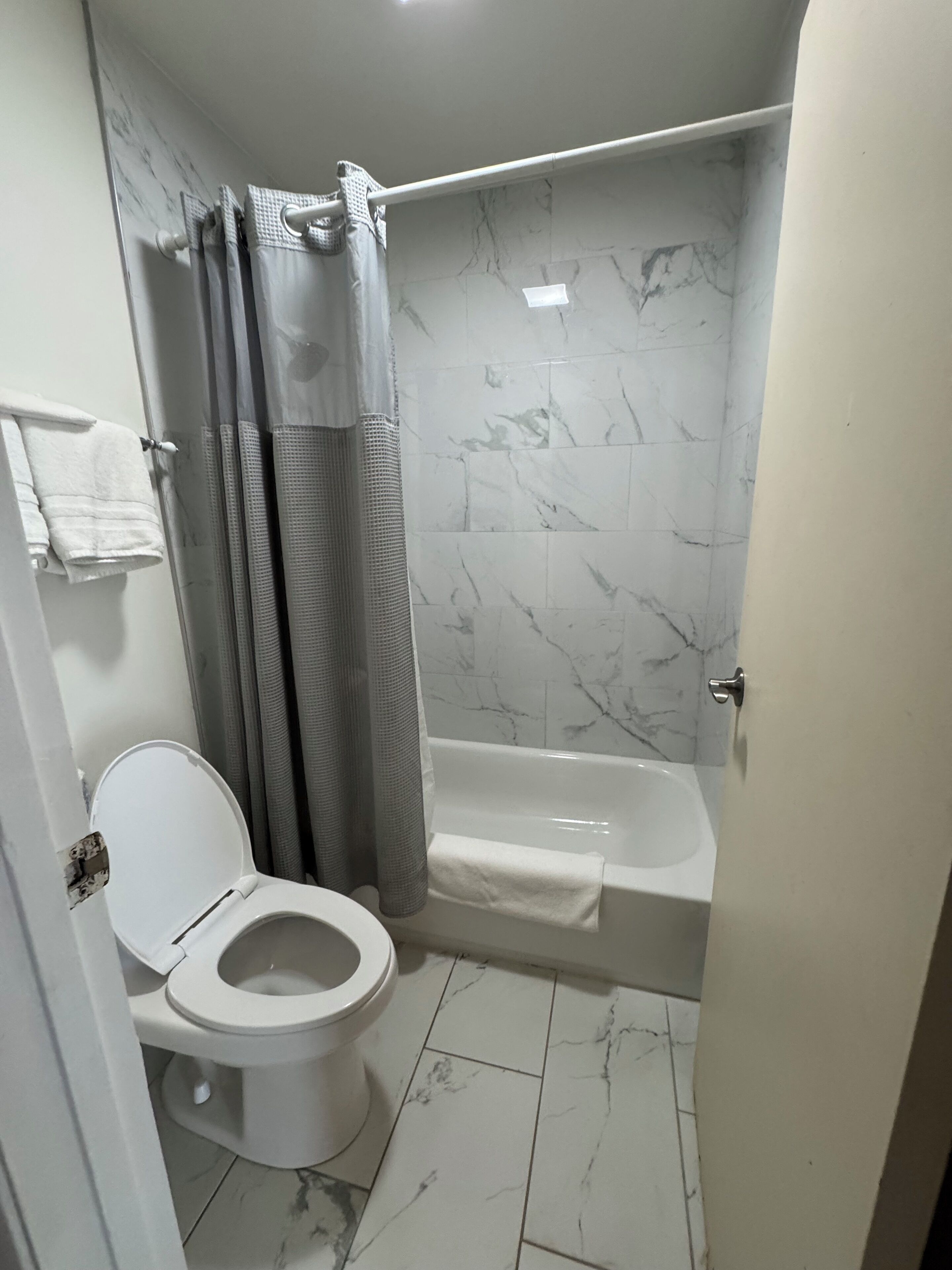 A bathroom with a toilet, a bathtub, and a shower curtain.
