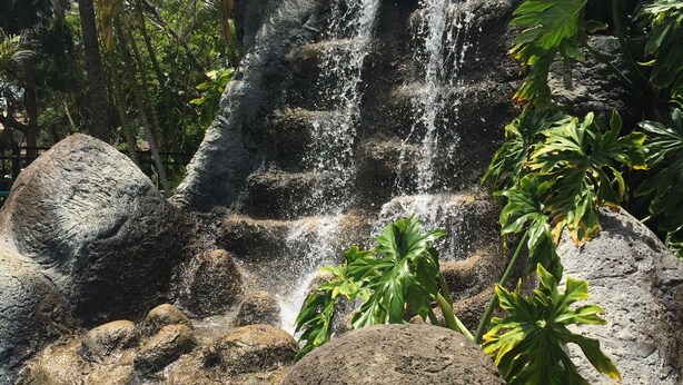 A natural waterfall cascading over rocks into a pool, surrounded by tropical vegetation. - Hotel Coral Reef (Kapaa)