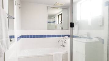 Une salle de bain moderne avec une douche à parois de verre, une baignoire blanche et un miroir au-dessus du lavabo.
