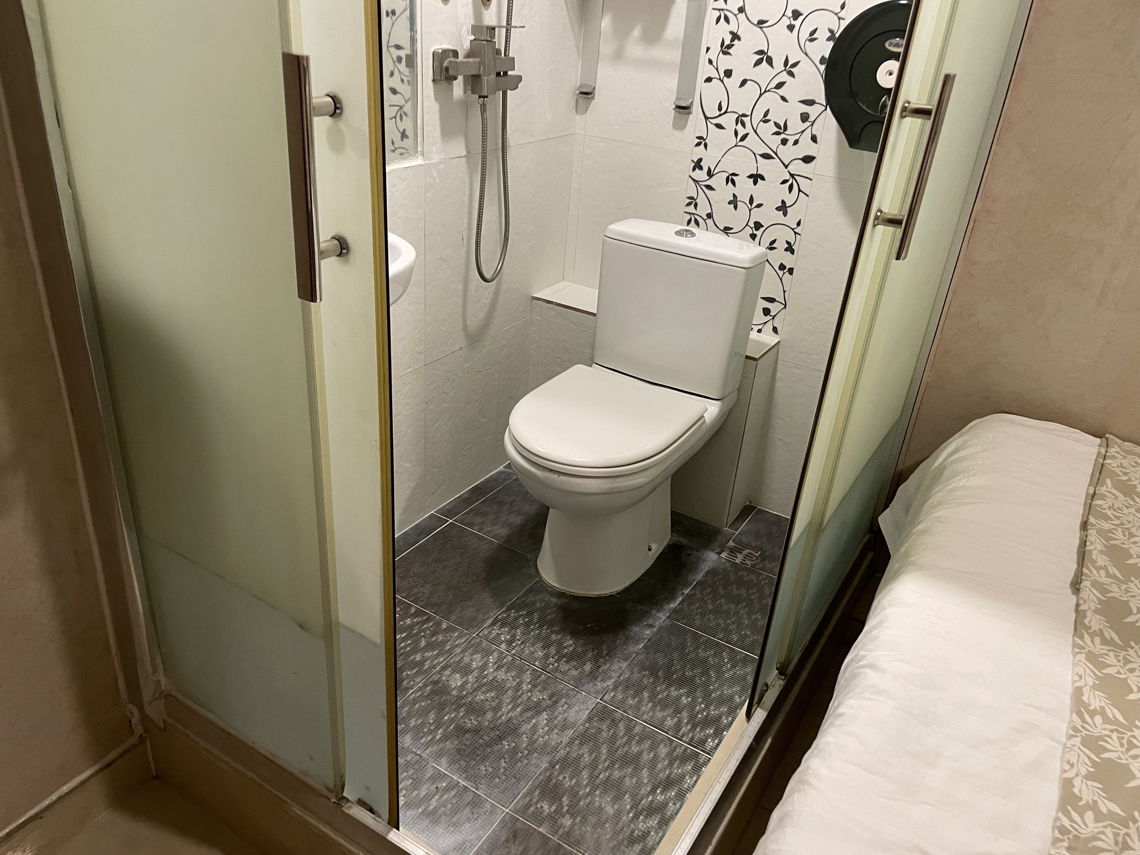 A bathroom with a toilet, shower, and glass door.
