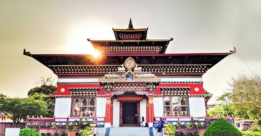 A traditional building with a symmetrical facade, a central entrance, and a decorative roof.