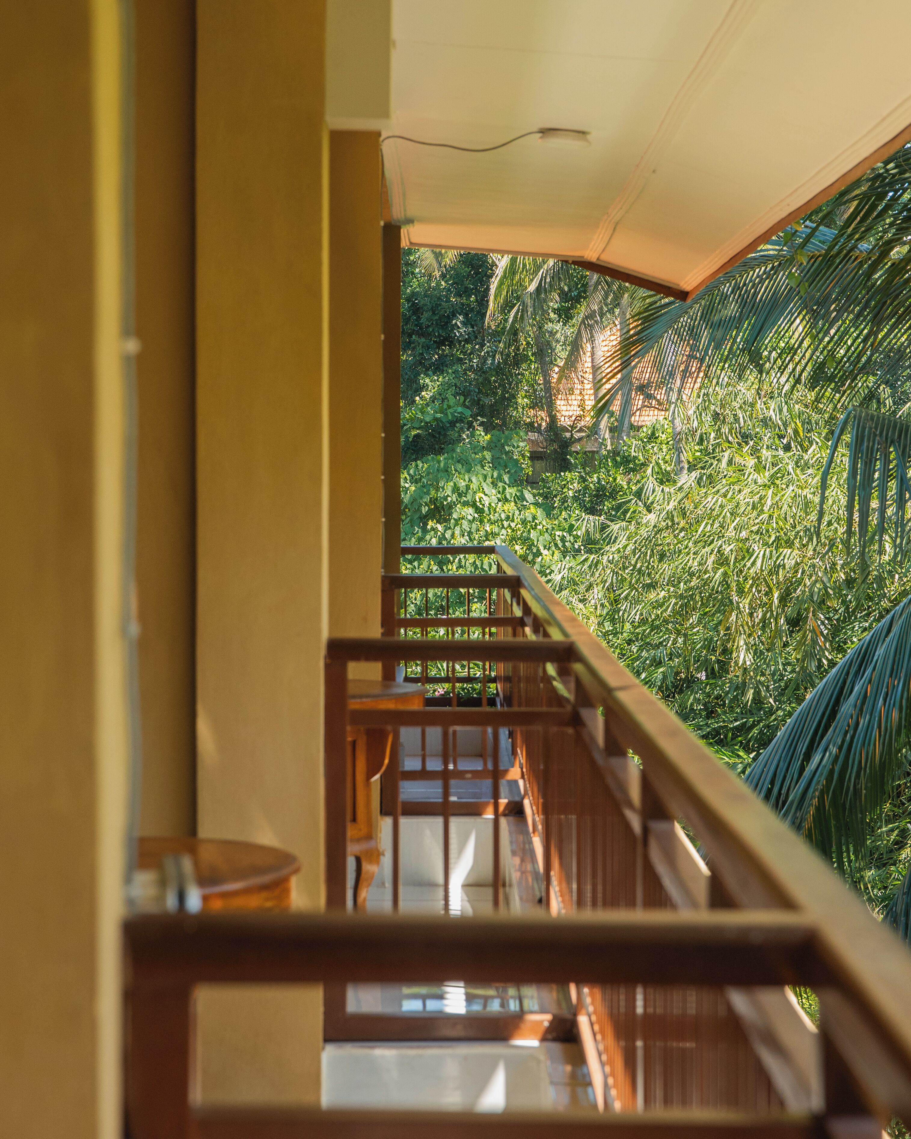 Una escalera de madera conduce a un balcón con vistas a abundante vegetación.