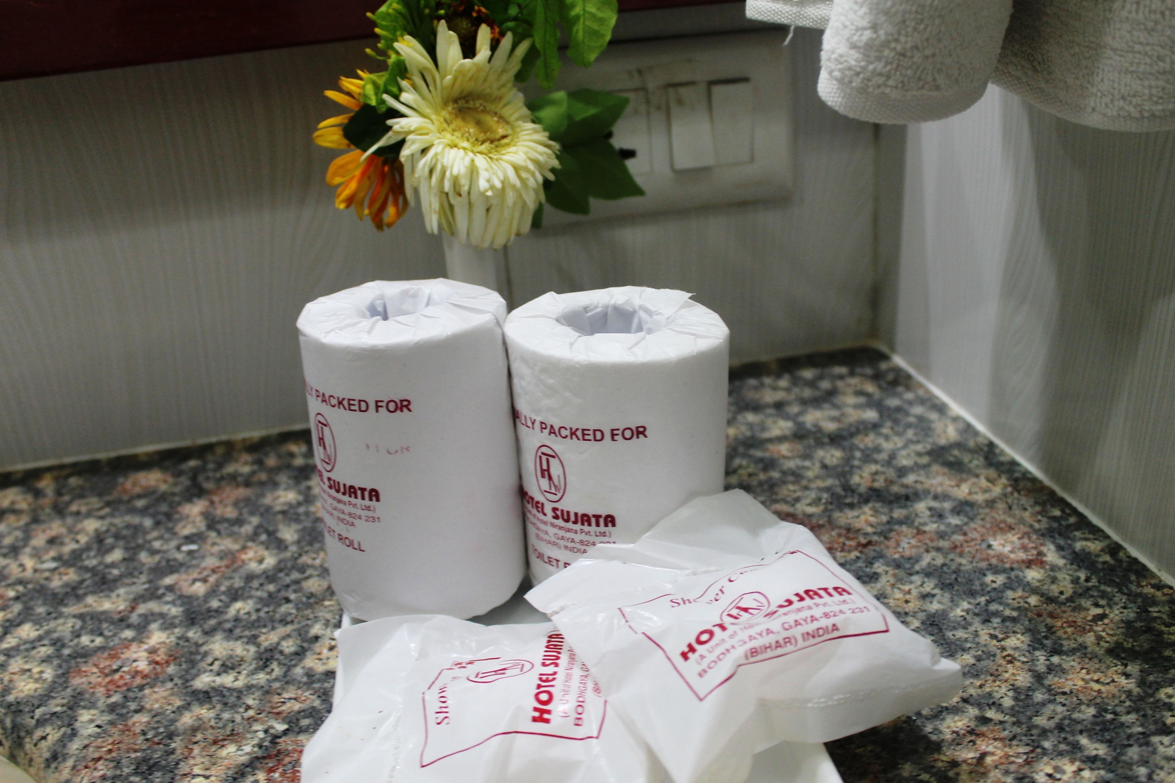 Two rolls of toilet paper and two bags of hotel amenities on a countertop.