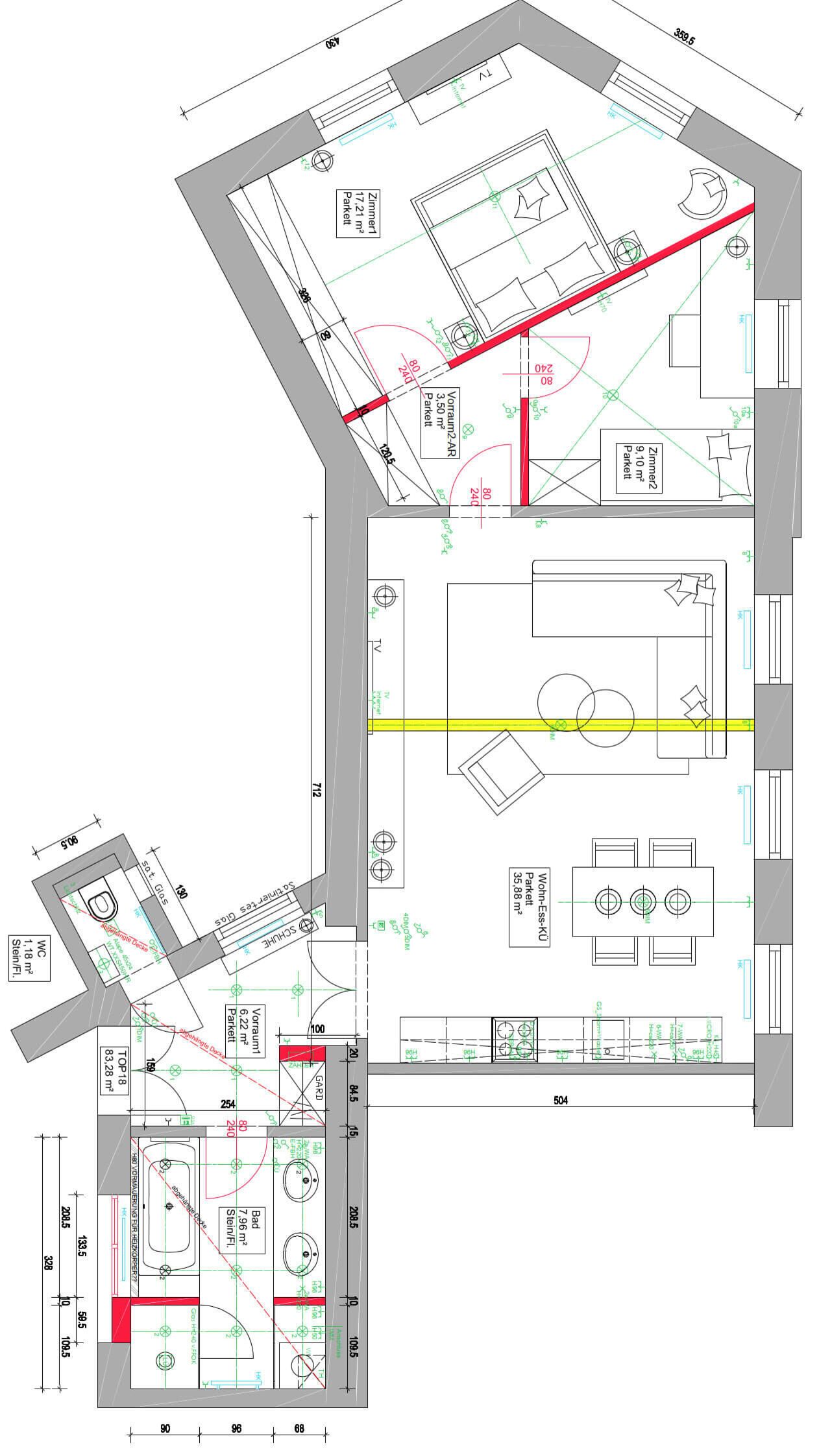 A detailed floor plan of a hotel with labeled rooms, a central courtyard, and a swimming pool.