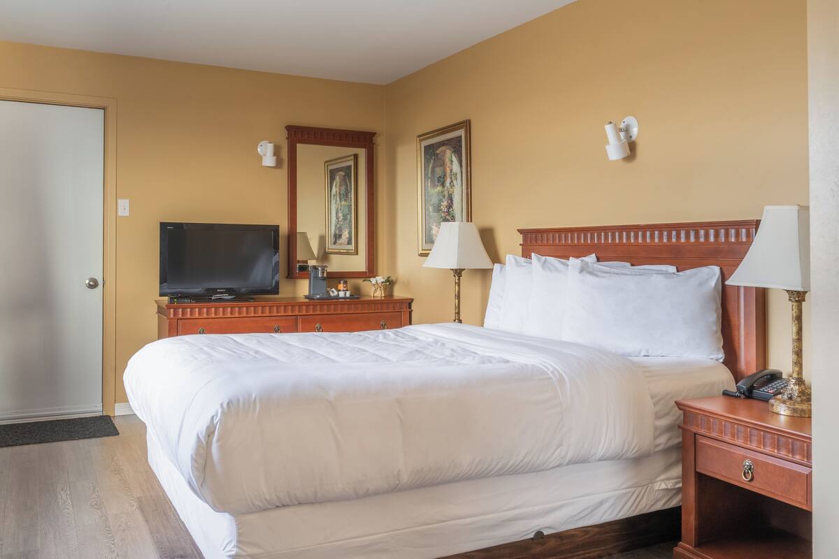 Quarto de hotel com uma cama grande, televisão, escrivaninha com candeeiro e um quadro na parede.