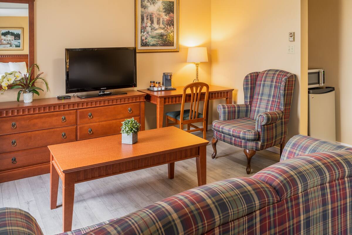 Quarto de hotel com escrivaninha de madeira, televisão, poltrona xadrez, sofá e mesa pequena com planta.
