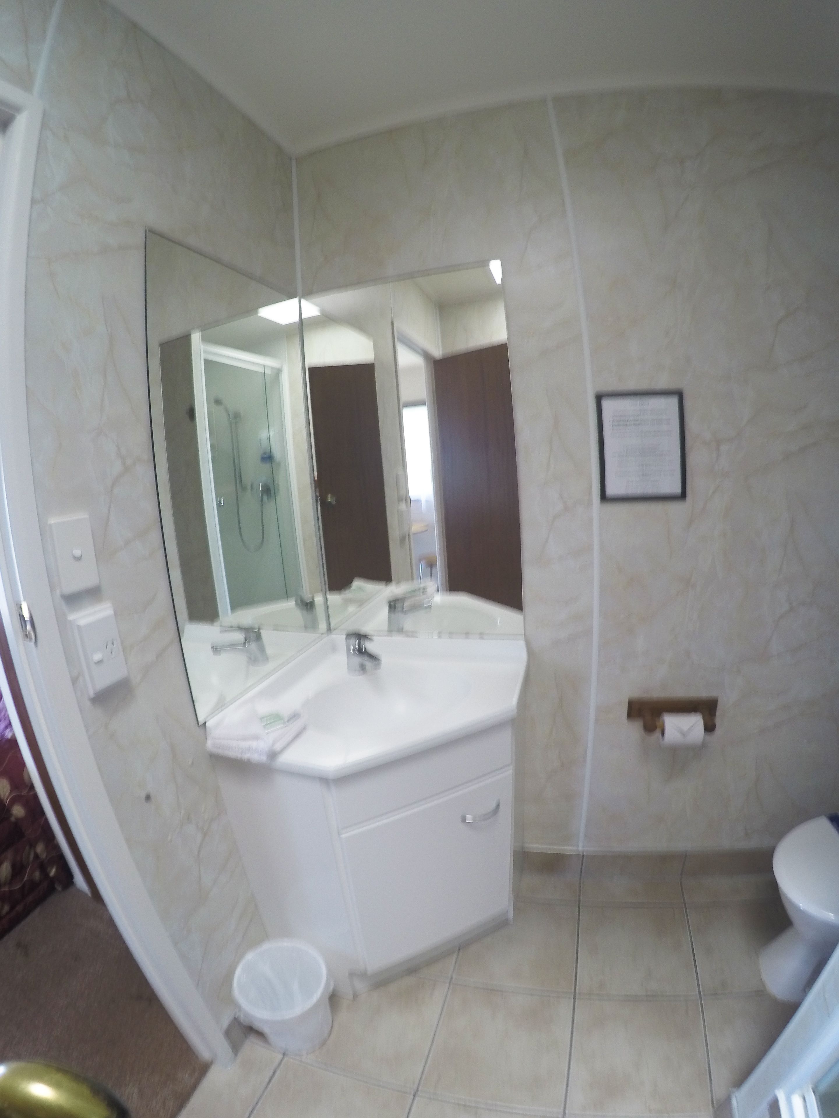 A bathroom with a large mirror, a double sink, a toilet, and a small trash bin.