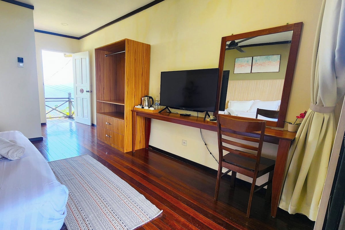 Habitación de hotel con cama, escritorio con televisor, espejo y vista al exterior.