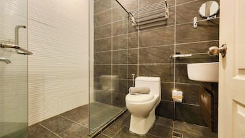 Combined shower/tub, hair dryer, slippers, towels