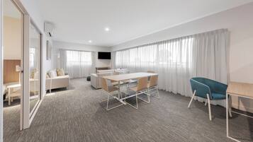 In-room safe, desk, laptop workspace, blackout curtains