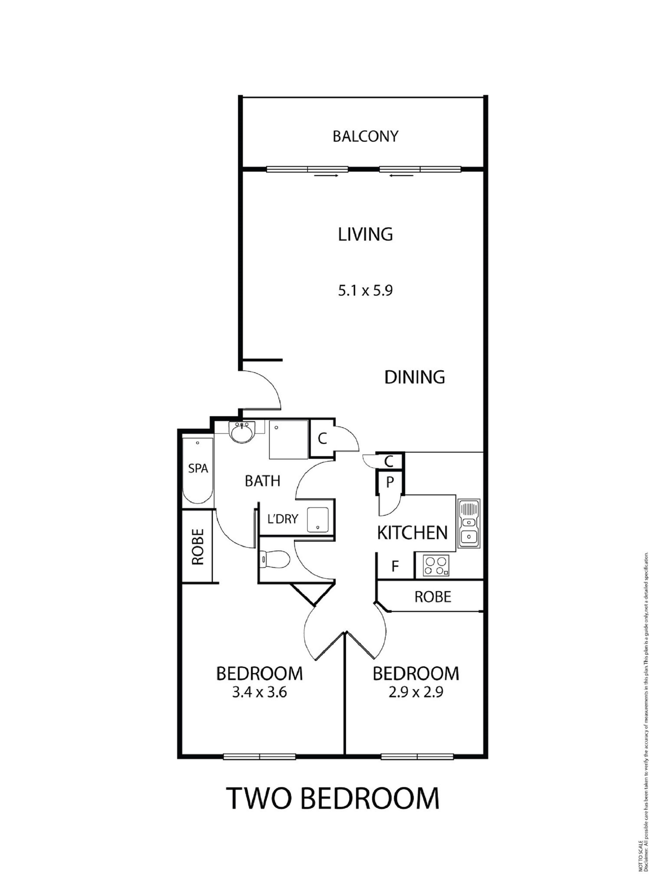 A two-bedroom apartment layout with a balcony, living room, dining area, kitchen, two bedrooms, a bathroom, a robe, a spa, and a laundry room.