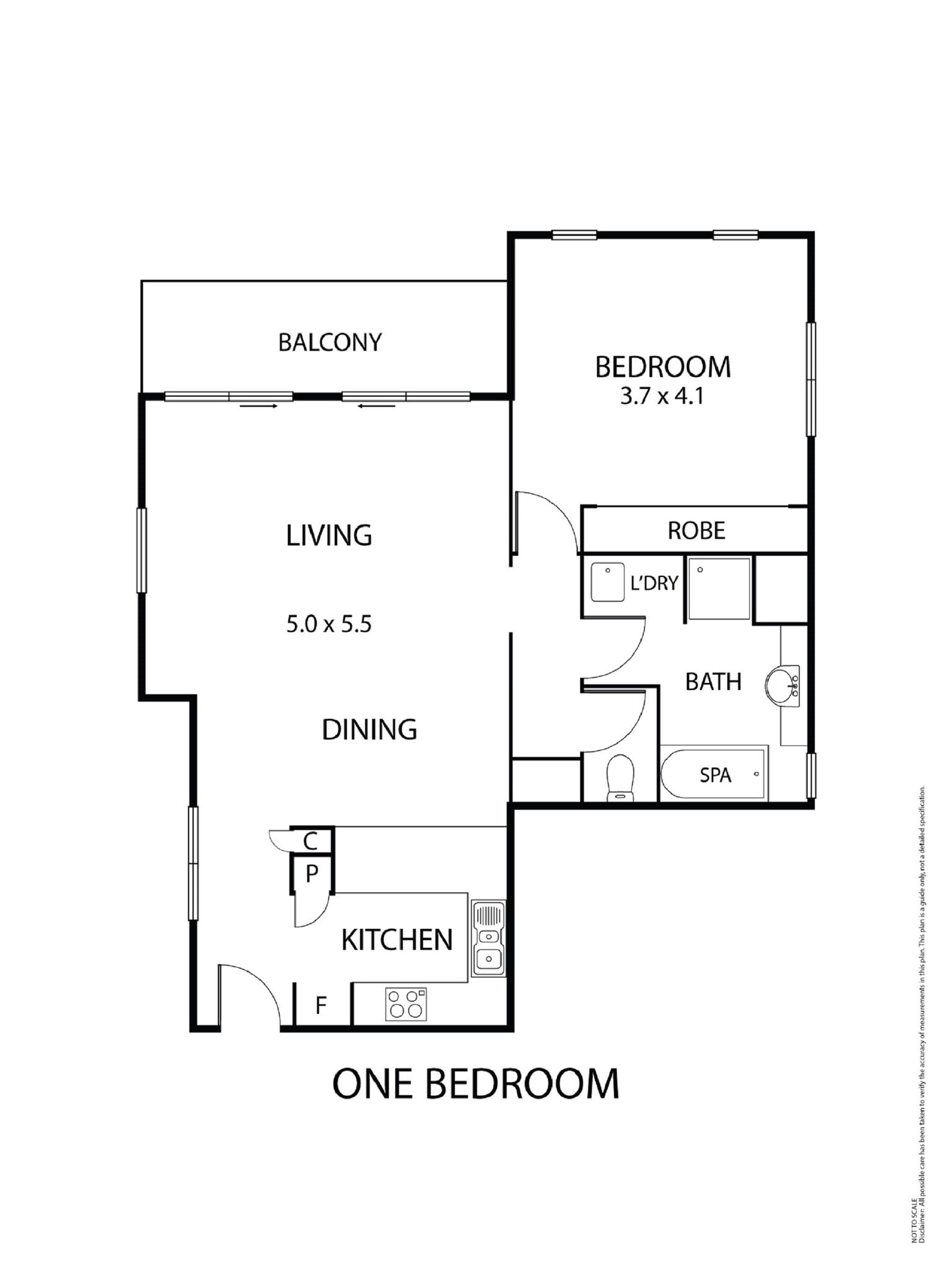 A one-bedroom apartment layout with a balcony, living room, dining area, kitchen, and a bedroom measuring 3.7 x 4.1 meters.