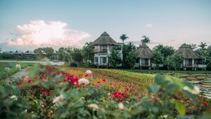Ein Resort mit strohgedeckten Bungalows, einem Gewässer und einem Blumenfeld.