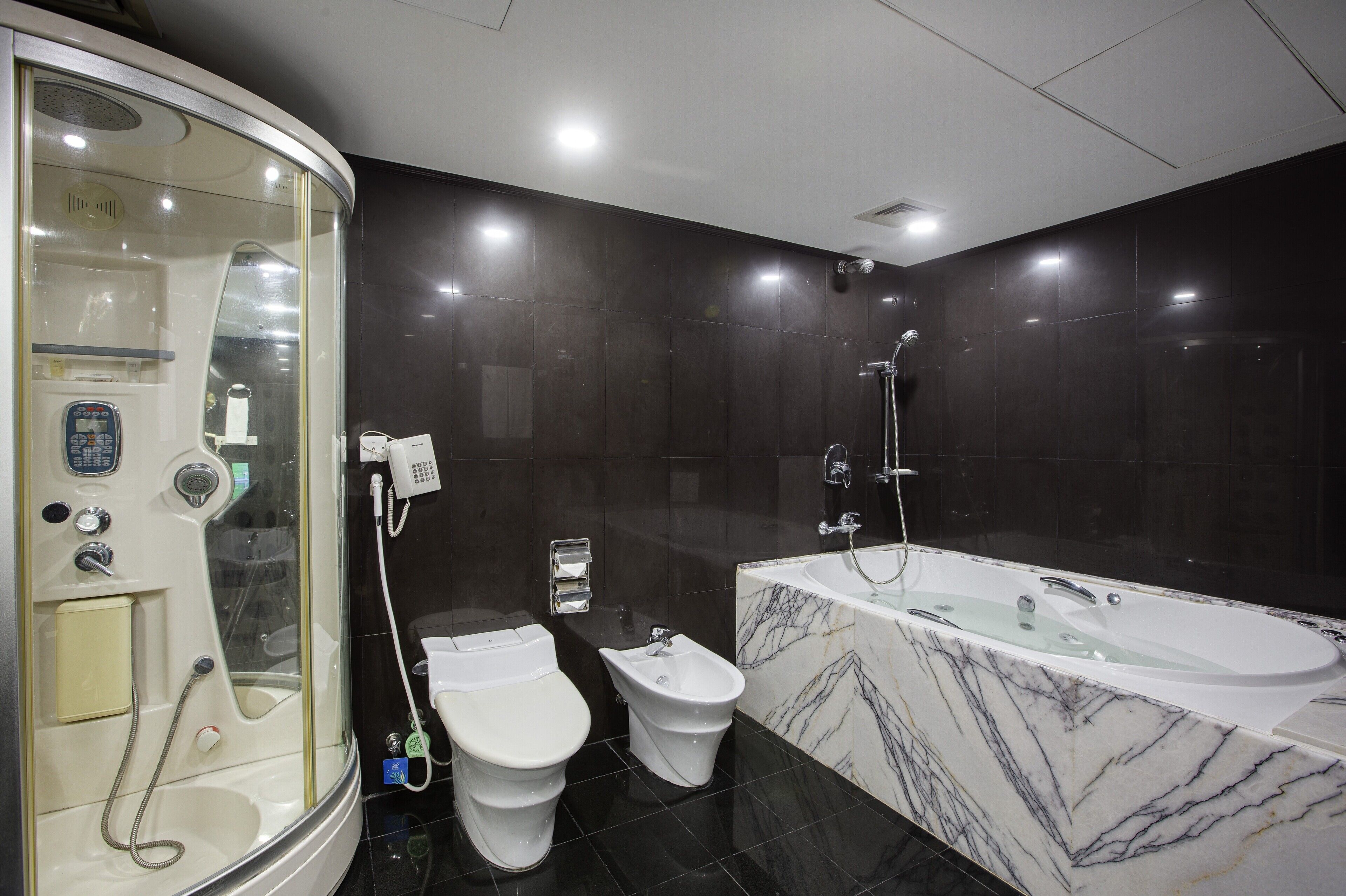 A modern bathroom with a walk-in shower, a bidet, a toilet, and a large bathtub with a marble surround.