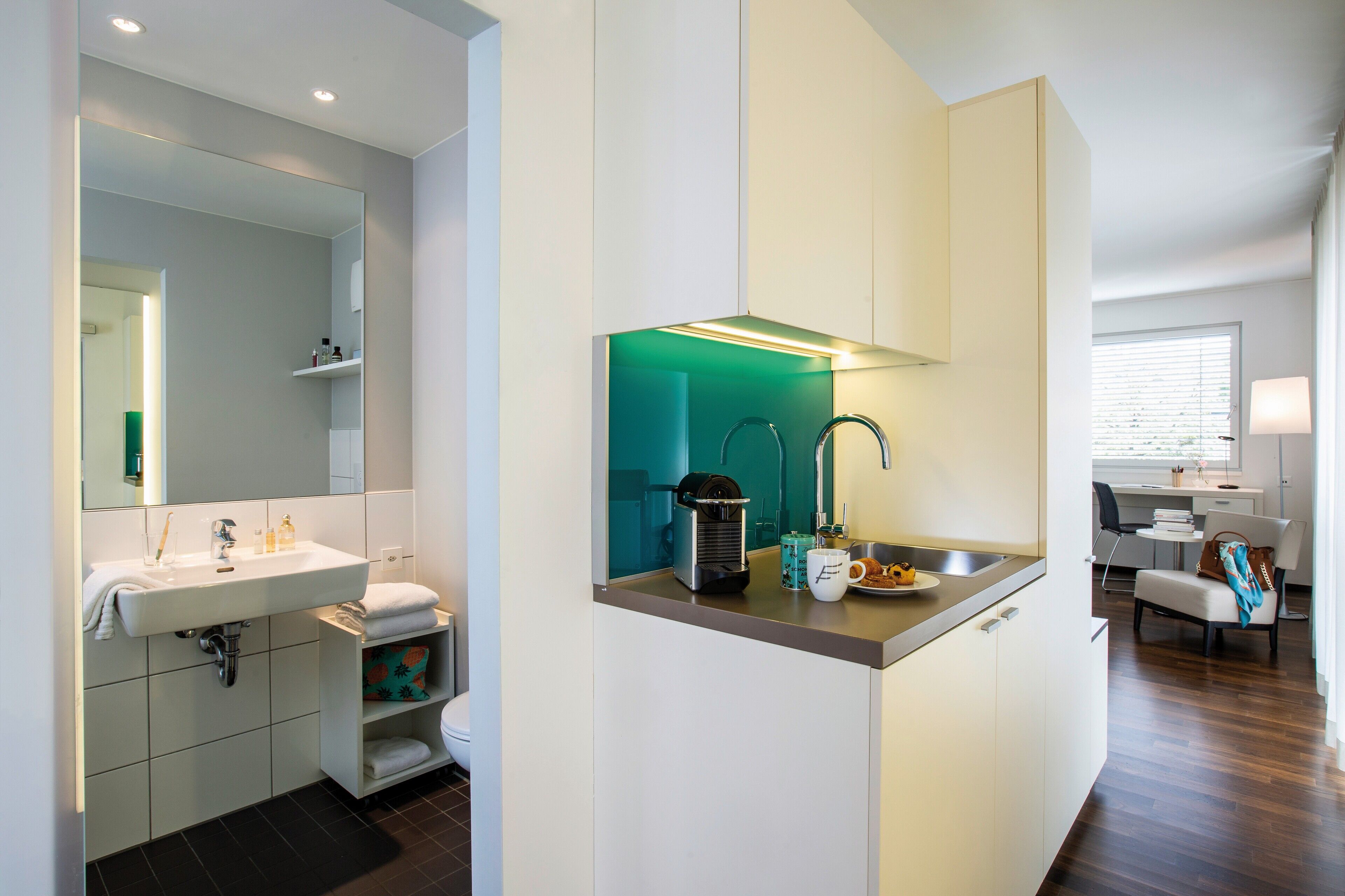 mini-fridge, microwave, espresso maker, coffee/tea maker