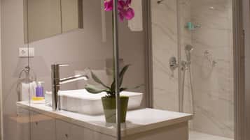 Douche, douche à « effet pluie », articles de toilette gratuits