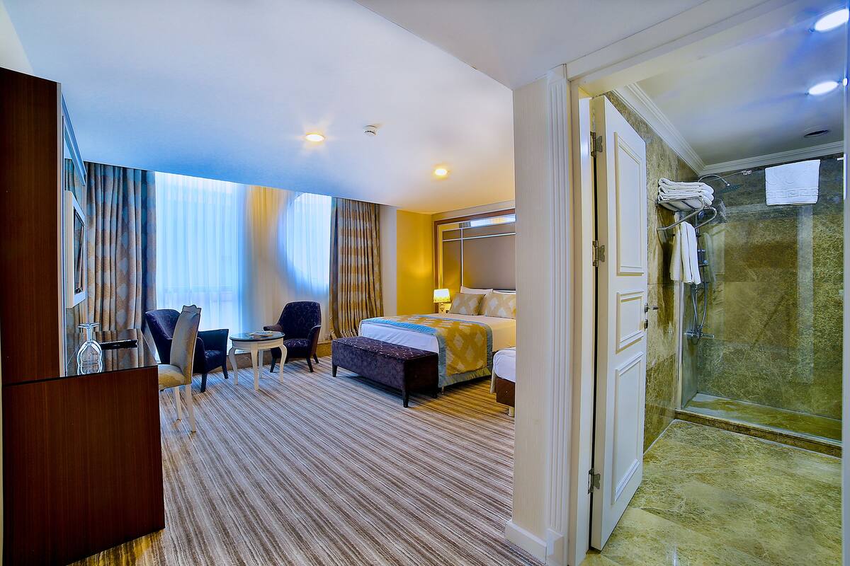 Une chambre d’hôtel comprenant un lit, une table de chevet, une chaise et un espace douche.