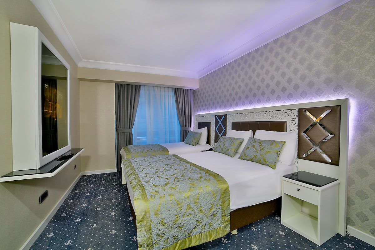 Une chambre d’hôtel avec deux lits, une télévision, une table de chevet et un mur décoré d’un motif.