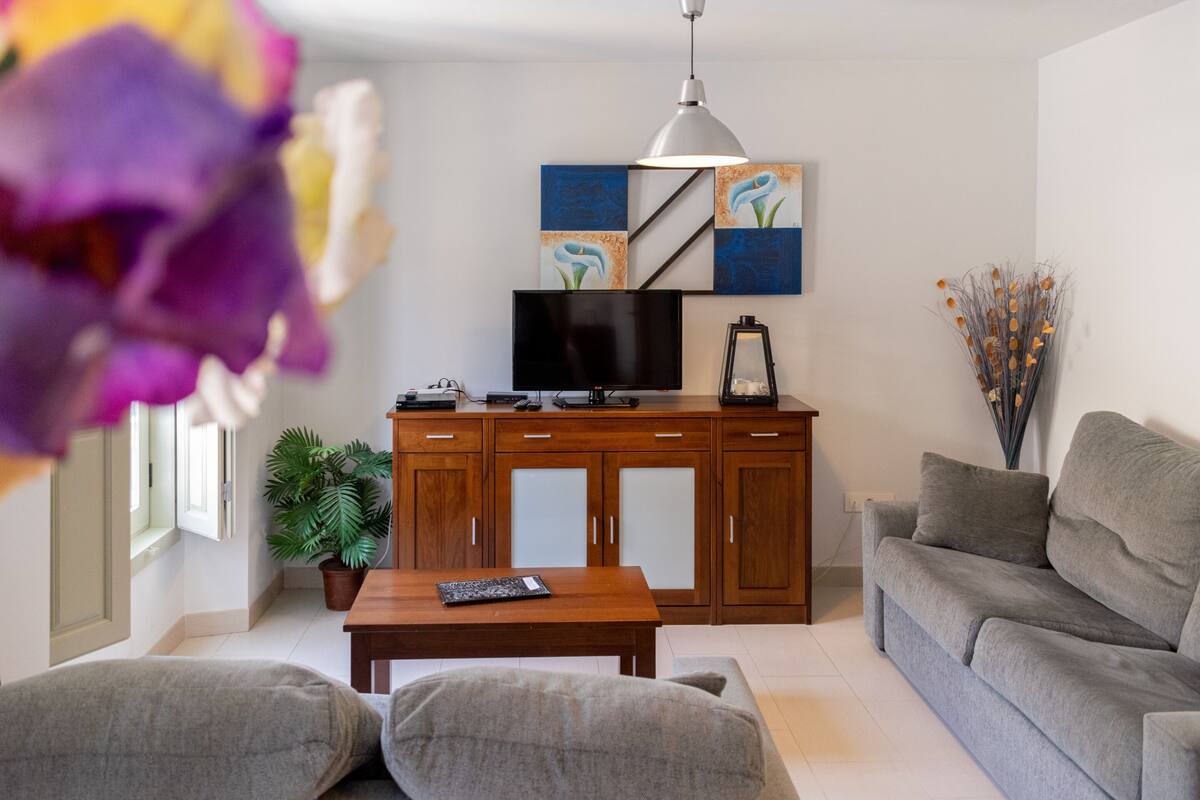 Una sala de estar moderna con un sofá, una mesa de centro, un televisor y un aparador.