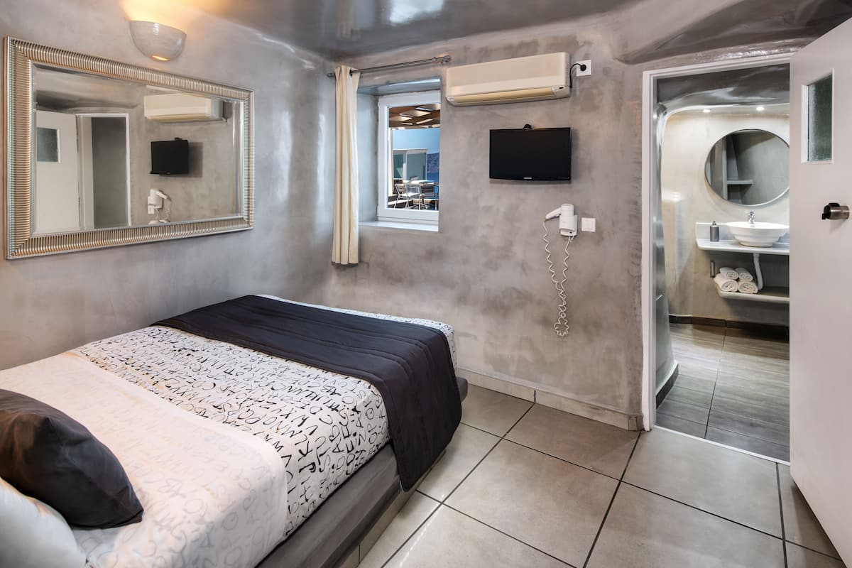 A bedroom with a bed, a large mirror, a TV, and a bathroom with a sink and mirror.