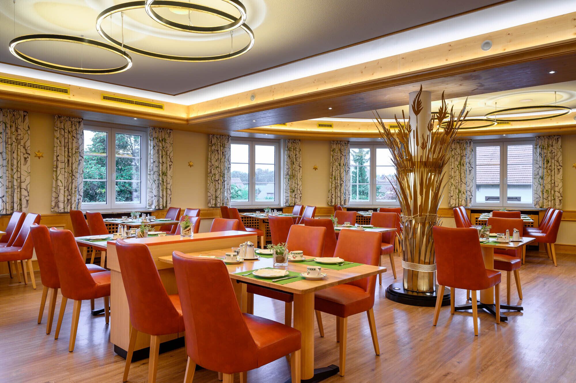 A dining area with multiple tables and chairs, large windows, and a decorative plant centerpiece.