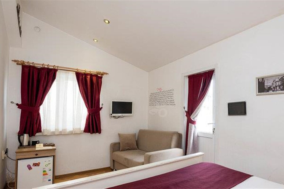 A bedroom with a bed, a sofa, a TV, and a small desk with a fridge.