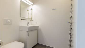 Une salle de bain avec des toilettes, un lavabo et un miroir.