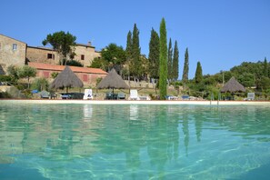 Sesongbasert utendørsbasseng, bassengparasoller og solsenger