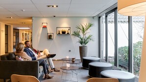Un área de espera moderna con un sofá, sillas y una planta grande en maceta.