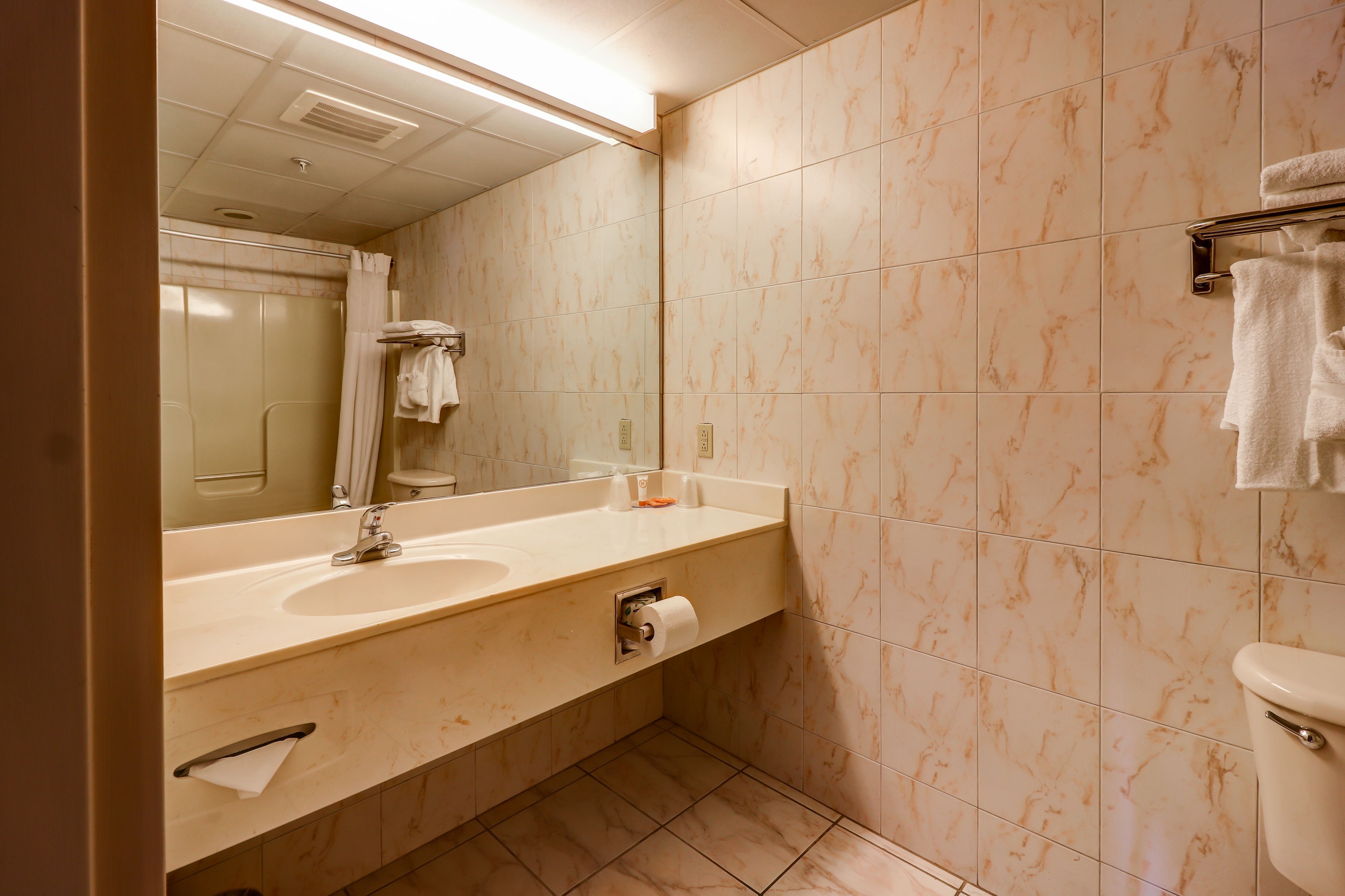 A bathroom with a sink, mirror, toilet, and shower curtain.