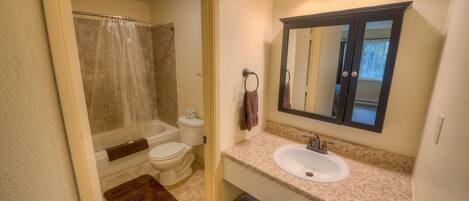 A bathroom with a sink, mirror, and toilet.