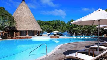 Outdoor pool, pool umbrellas, pool loungers